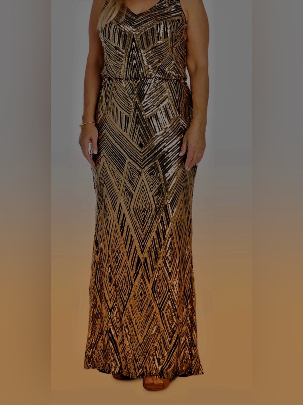 R&M Richards Black and Gold Sequin V-Neck Maxi Dress